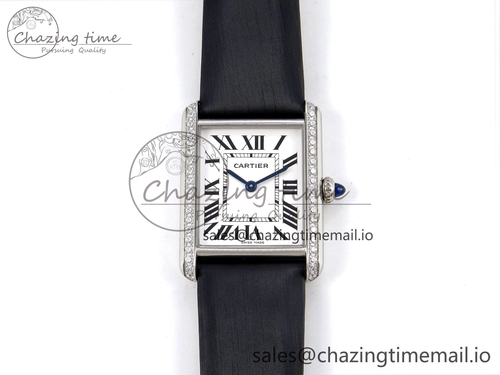 Tank Must SS 25.5mm AF 1:1 Best Edition White Dial Diamonds Bezel on Black Fabric Strap Ronda Quartz Comfortable 5883