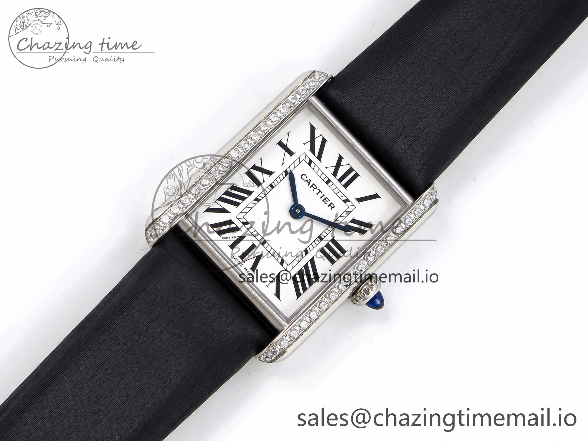 Tank Must SS 25.5mm AF 1:1 Best Edition White Dial Diamonds Bezel on Black Fabric Strap Ronda Quartz Comfortable 5883