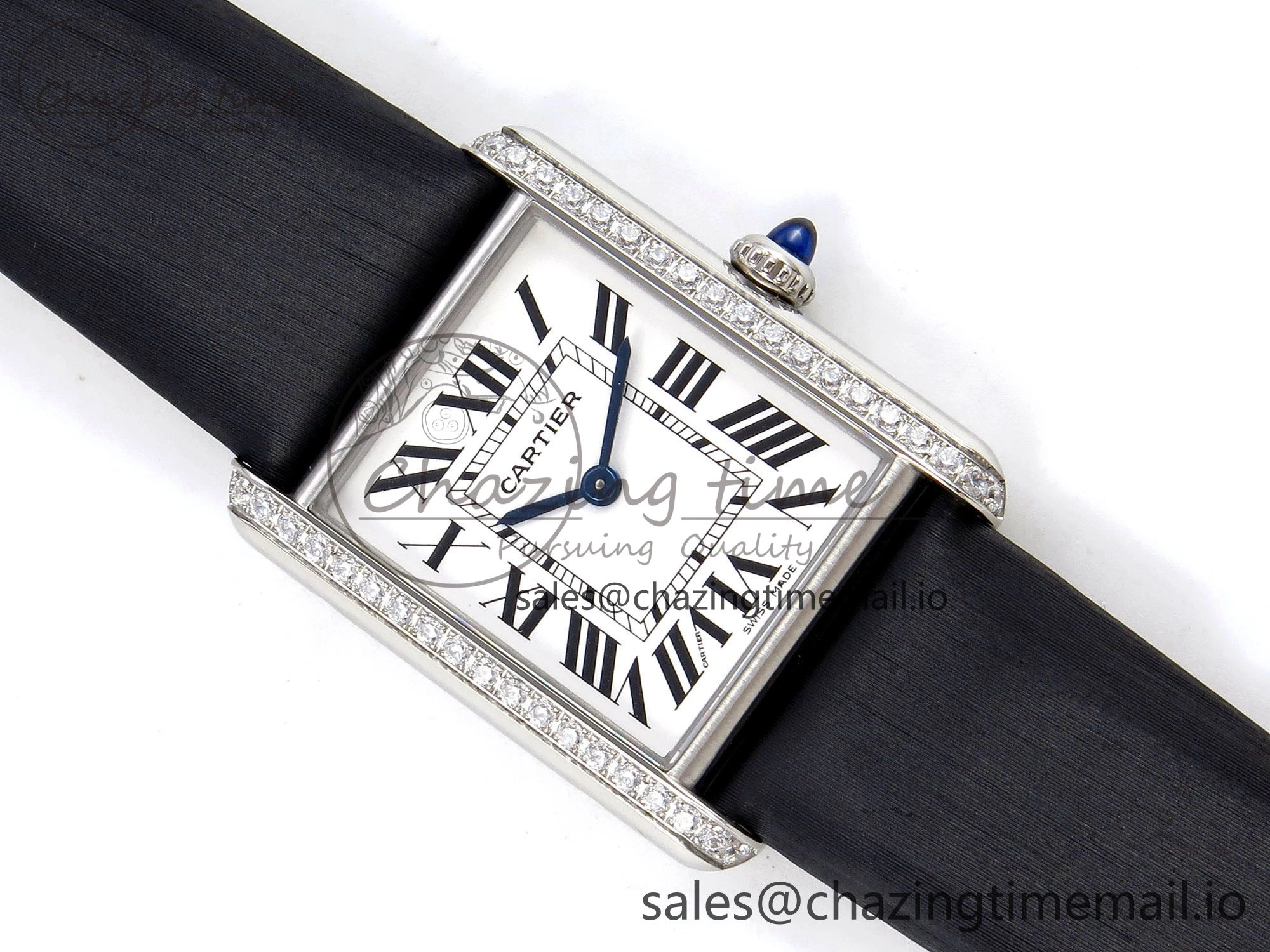 Tank Must SS 25.5mm AF 1:1 Best Edition White Dial Diamonds Bezel on Black Fabric Strap Ronda Quartz Comfortable 5883