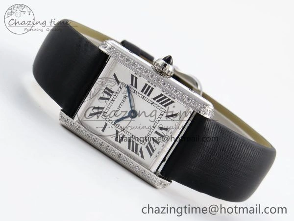 Tank Must Small SS 29mm DRF 1:1 Best Edition White Dial Diamonds Bezel on Black Calfskin Strap Swiss Quartz Stylish 5952