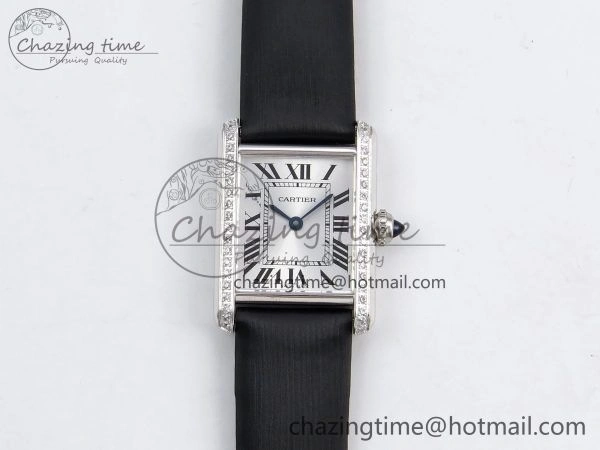 Tank Must Small SS 29mm DRF 1:1 Best Edition White Dial Diamonds Bezel on Black Calfskin Strap Swiss Quartz Stylish 5952
