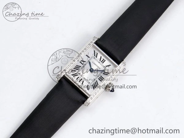 Tank Must Small SS 29mm DRF 1:1 Best Edition White Dial Diamonds Bezel on Black Calfskin Strap Swiss Quartz Stylish 5952