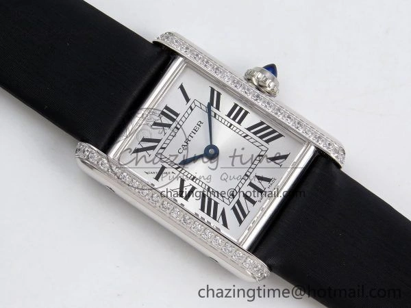 Tank Must Small SS 29mm DRF 1:1 Best Edition White Dial Diamonds Bezel on Black Calfskin Strap Swiss Quartz Stylish 5952