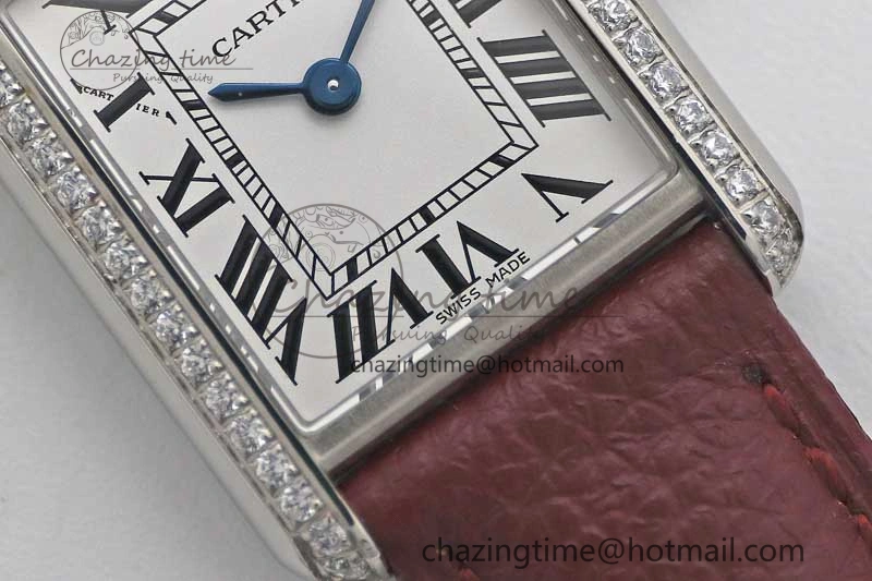 ComfortFit Tank Must Small SS K11F 1:1 Best Edition White Dial Diamonds Bezel on Red Leather Strap Ronda Quartz 6063