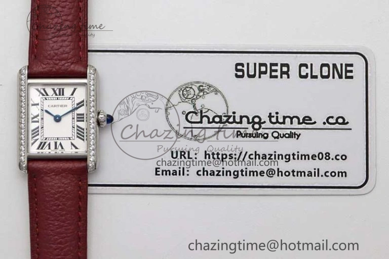 ComfortFit Tank Must Small SS K11F 1:1 Best Edition White Dial Diamonds Bezel on Red Leather Strap Ronda Quartz 6063