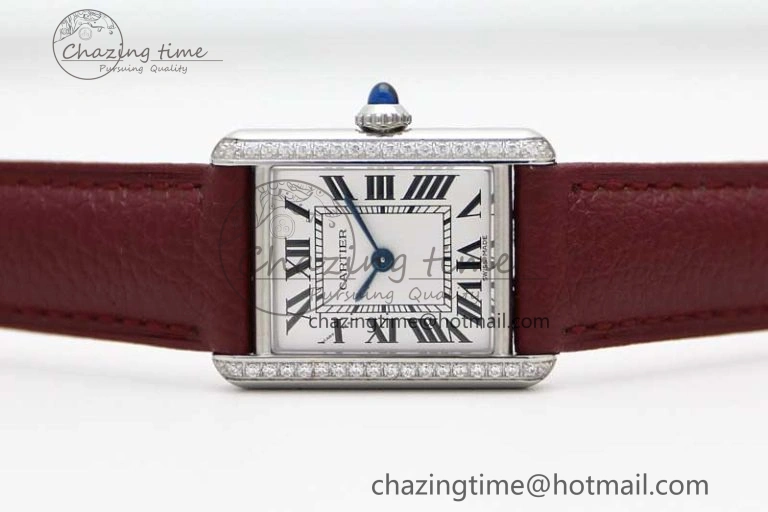ComfortFit Tank Must Small SS K11F 1:1 Best Edition White Dial Diamonds Bezel on Red Leather Strap Ronda Quartz 6063
