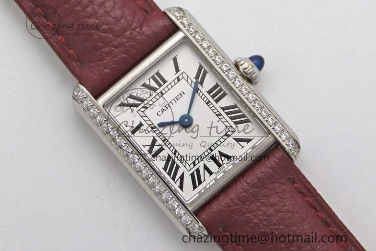 ComfortFit Tank Must Small SS K11F 1:1 Best Edition White Dial Diamonds Bezel on Red Leather Strap Ronda Quartz 6063