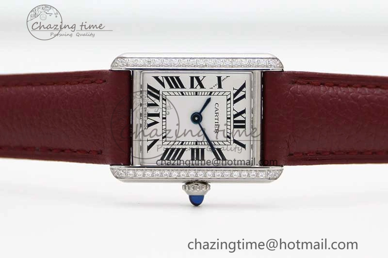 ComfortFit Tank Must Small SS K11F 1:1 Best Edition White Dial Diamonds Bezel on Red Leather Strap Ronda Quartz 6063