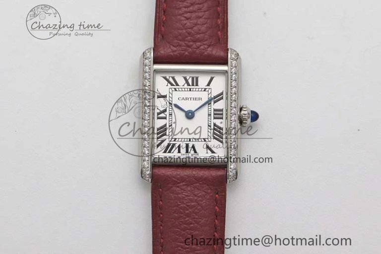 WrinkleFree Tank Must Small SS K11F 1:1 Best Edition White Dial Diamonds Bezel on Red Leather Strap Ronda Quartz 10224