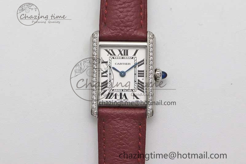 ComfortFit Tank Must Small SS K11F 1:1 Best Edition White Dial Diamonds Bezel on Red Leather Strap Ronda Quartz 6063