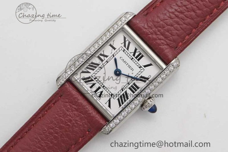 ComfortFit Tank Must Small SS K11F 1:1 Best Edition White Dial Diamonds Bezel on Red Leather Strap Ronda Quartz 6063