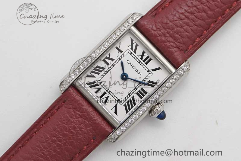 ComfortFit Tank Must Small SS K11F 1:1 Best Edition White Dial Diamonds Bezel on Red Leather Strap Ronda Quartz 6063