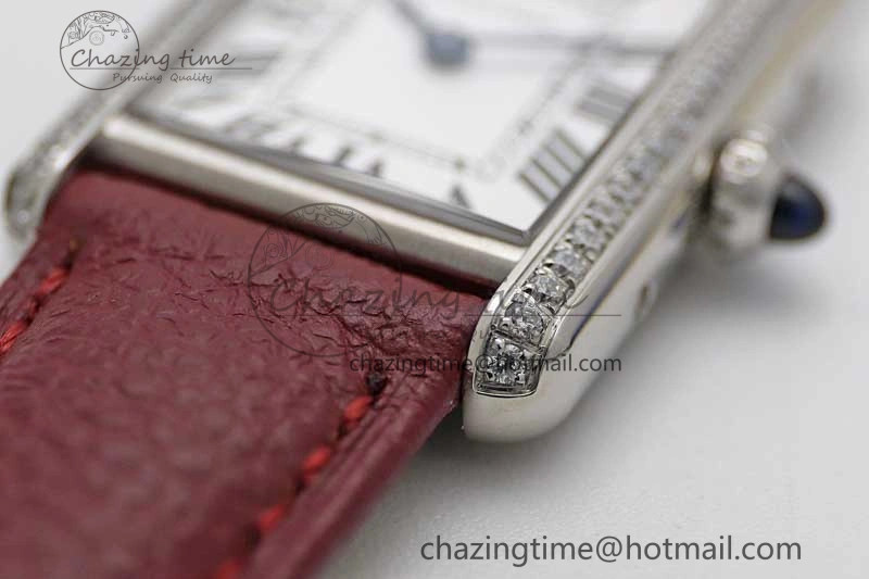 ComfortFit Tank Must Small SS K11F 1:1 Best Edition White Dial Diamonds Bezel on Red Leather Strap Ronda Quartz 6063