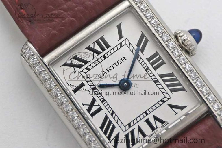 ComfortFit Tank Must Small SS K11F 1:1 Best Edition White Dial Diamonds Bezel on Red Leather Strap Ronda Quartz 6063