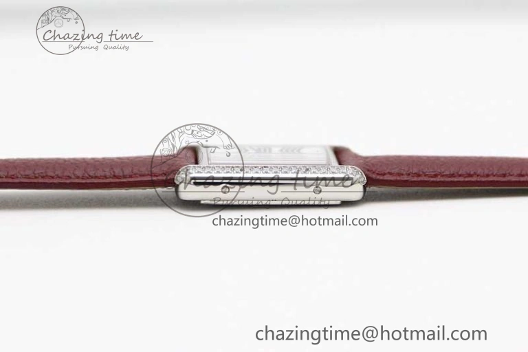 ComfortFit Tank Must Small SS K11F 1:1 Best Edition White Dial Diamonds Bezel on Red Leather Strap Ronda Quartz 6063