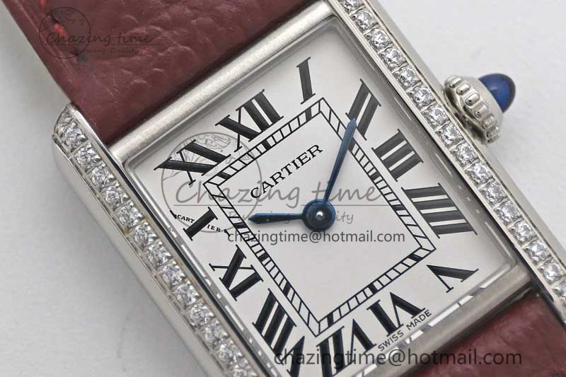 ComfortFit Tank Must Small SS K11F 1:1 Best Edition White Dial Diamonds Bezel on Red Leather Strap Ronda Quartz 6063