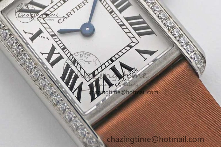 FashionForward Tank Must Small SS K11F 1:1 Best Edition White Dial Diamonds Bezel on Satin Leather Strap Ronda Quartz 6066