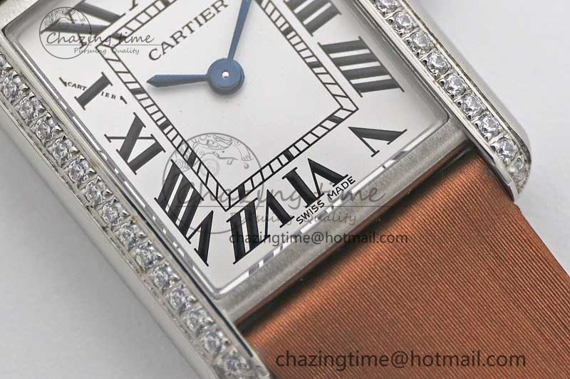 FashionForward Tank Must Small SS K11F 1:1 Best Edition White Dial Diamonds Bezel on Satin Leather Strap Ronda Quartz 6066