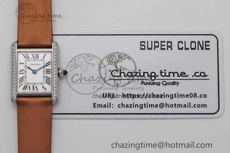 FashionForward Tank Must Small SS K11F 1:1 Best Edition White Dial Diamonds Bezel on Satin Leather Strap Ronda Quartz 6066