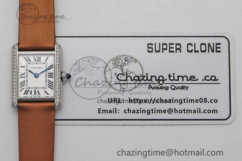 FashionForward Tank Must Small SS K11F 1:1 Best Edition White Dial Diamonds Bezel on Satin Leather Strap Ronda Quartz 6066