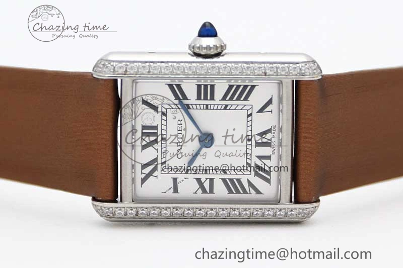 FashionForward Tank Must Small SS K11F 1:1 Best Edition White Dial Diamonds Bezel on Satin Leather Strap Ronda Quartz 6066