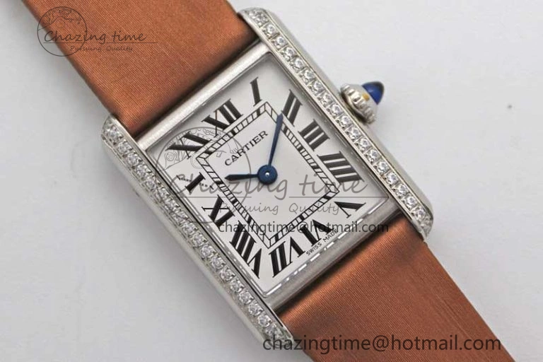 FashionForward Tank Must Small SS K11F 1:1 Best Edition White Dial Diamonds Bezel on Satin Leather Strap Ronda Quartz 6066