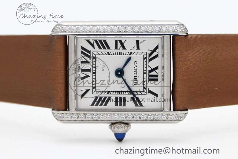 FashionForward Tank Must Small SS K11F 1:1 Best Edition White Dial Diamonds Bezel on Satin Leather Strap Ronda Quartz 6066