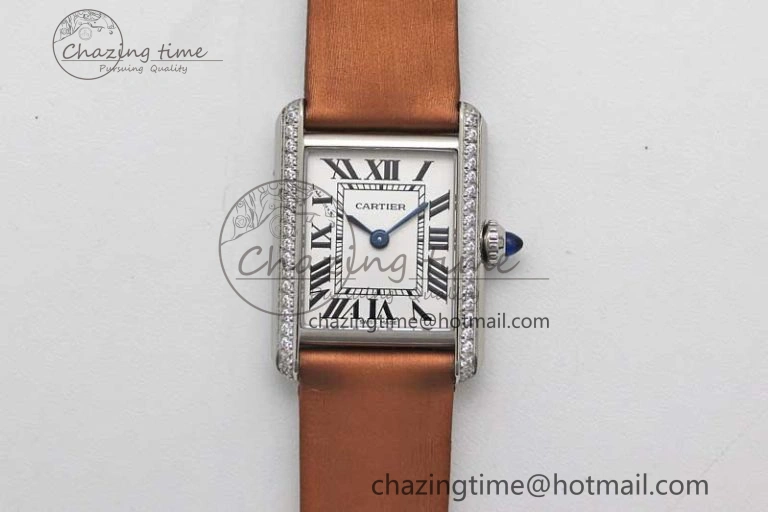 Affordable Tank Must Small SS K11F 1:1 Best Edition White Dial Diamonds Bezel on Satin Leather Strap Ronda Quartz 10227