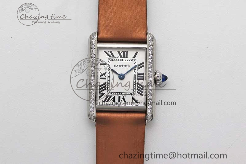 FashionForward Tank Must Small SS K11F 1:1 Best Edition White Dial Diamonds Bezel on Satin Leather Strap Ronda Quartz 6066
