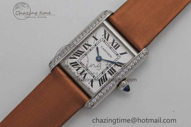 FashionForward Tank Must Small SS K11F 1:1 Best Edition White Dial Diamonds Bezel on Satin Leather Strap Ronda Quartz 6066