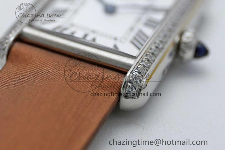 FashionForward Tank Must Small SS K11F 1:1 Best Edition White Dial Diamonds Bezel on Satin Leather Strap Ronda Quartz 6066