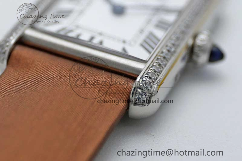 FashionForward Tank Must Small SS K11F 1:1 Best Edition White Dial Diamonds Bezel on Satin Leather Strap Ronda Quartz 6066