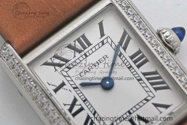 FashionForward Tank Must Small SS K11F 1:1 Best Edition White Dial Diamonds Bezel on Satin Leather Strap Ronda Quartz 6066