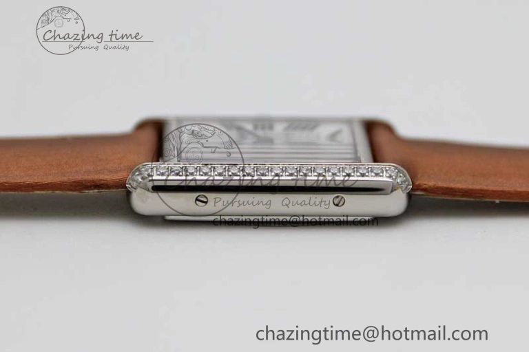FashionForward Tank Must Small SS K11F 1:1 Best Edition White Dial Diamonds Bezel on Satin Leather Strap Ronda Quartz 6066