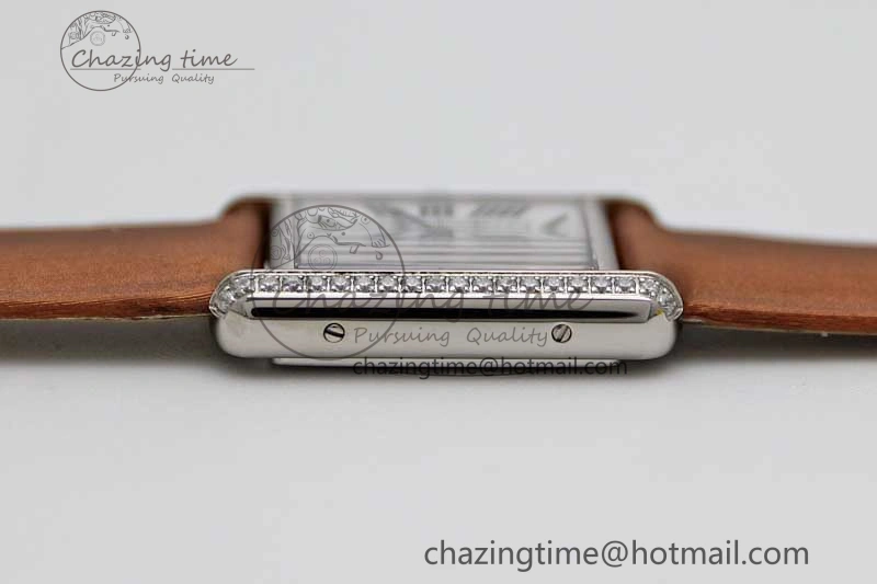 FashionForward Tank Must Small SS K11F 1:1 Best Edition White Dial Diamonds Bezel on Satin Leather Strap Ronda Quartz 6066