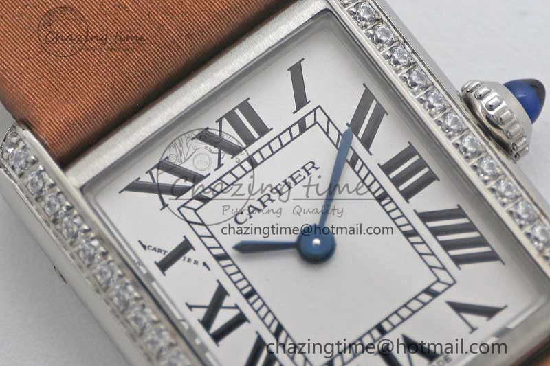 FashionForward Tank Must Small SS K11F 1:1 Best Edition White Dial Diamonds Bezel on Satin Leather Strap Ronda Quartz 6066