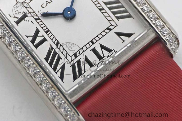 Tank Must Small SS K11F 1:1 Best Edition White Dial Diamonds Bezel on Satin Leather Strap Ronda Quartz StreetReady 10225