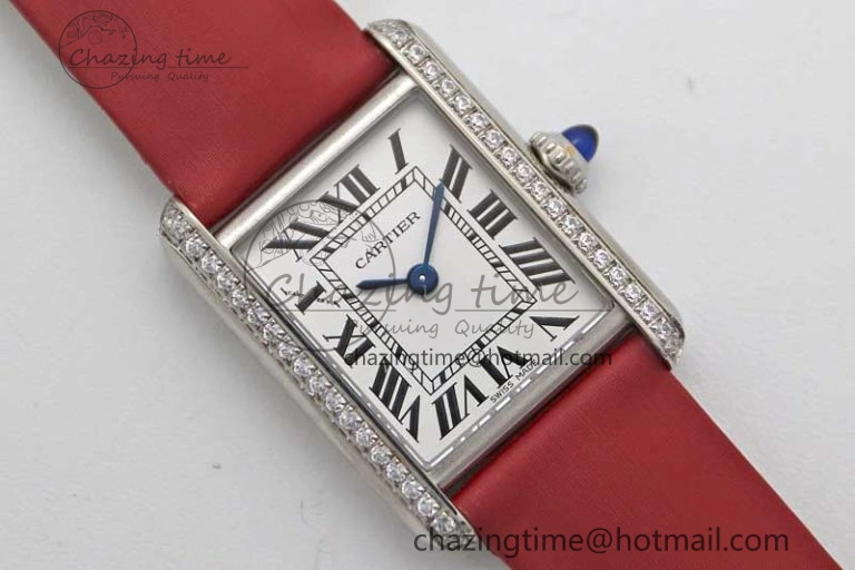 Tank Must Small SS K11F 1:1 Best Edition White Dial Diamonds Bezel on Satin Leather Strap Ronda Quartz StreetReady 10225