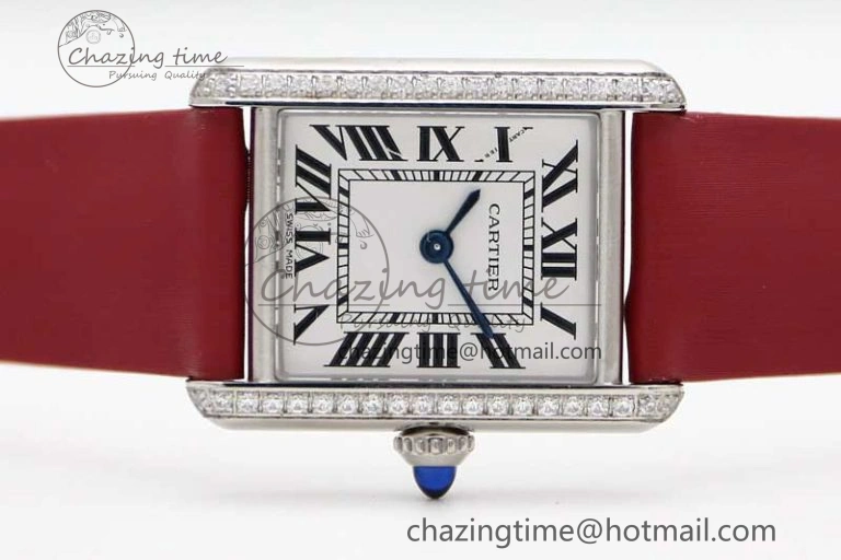 Tank Must Small SS K11F 1:1 Best Edition White Dial Diamonds Bezel on Satin Leather Strap Ronda Quartz StreetReady 10225