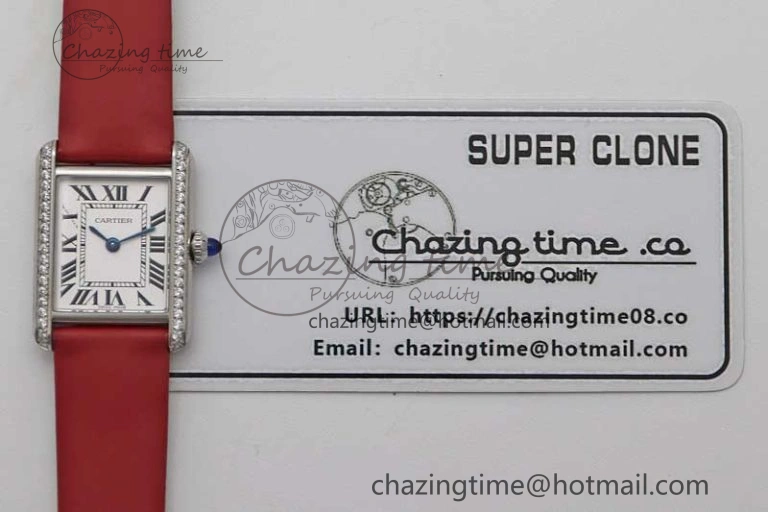 Tank Must Small SS K11F 1:1 Best Edition White Dial Diamonds Bezel on Satin Leather Strap Ronda Quartz StreetReady 10225