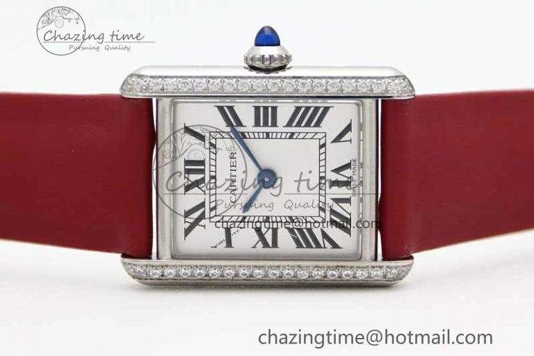 Tank Must Small SS K11F 1:1 Best Edition White Dial Diamonds Bezel on Satin Leather Strap Ronda Quartz StreetReady 10225