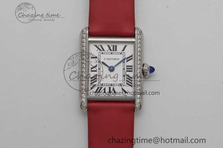 Tank Must Small SS K11F 1:1 Best Edition White Dial Diamonds Bezel on Satin Leather Strap Ronda Quartz StreetReady 10225