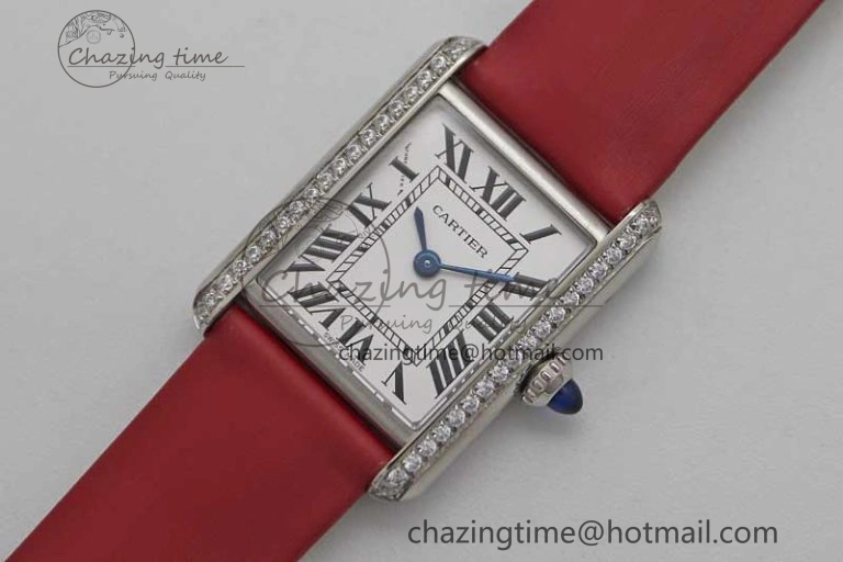Tank Must Small SS K11F 1:1 Best Edition White Dial Diamonds Bezel on Satin Leather Strap Ronda Quartz StreetReady 10225