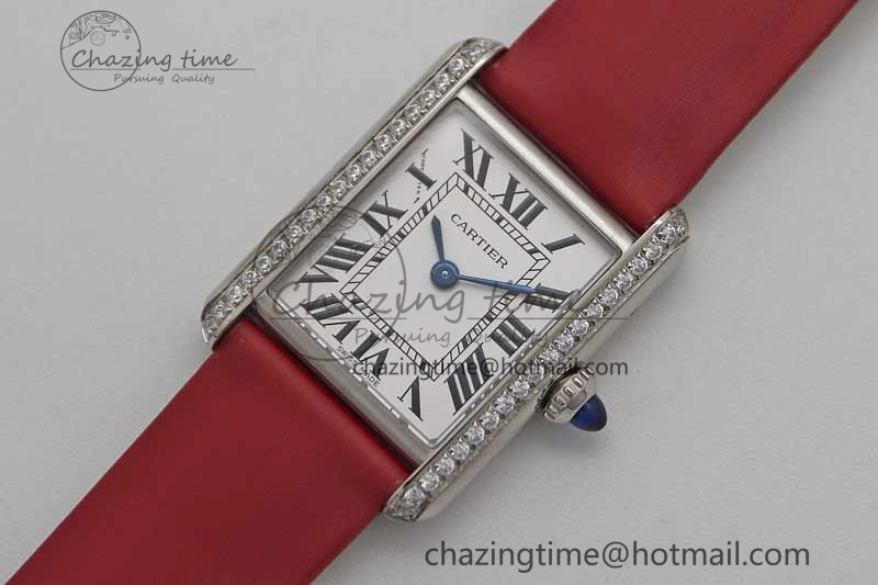 Tank Must Small SS K11F 1:1 Best Edition White Dial Diamonds Bezel on Satin Leather Strap Ronda Quartz StreetReady 10225
