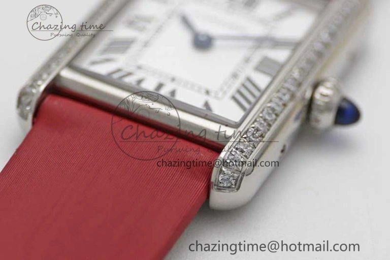 Tank Must Small SS K11F 1:1 Best Edition White Dial Diamonds Bezel on Satin Leather Strap Ronda Quartz StreetReady 10225