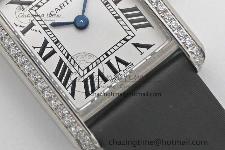 ComfortFit Tank Must Small SS K11F 1:1 Best Edition White Dial Diamonds Bezel on Satin Leather Strap Ronda Quartz 6065