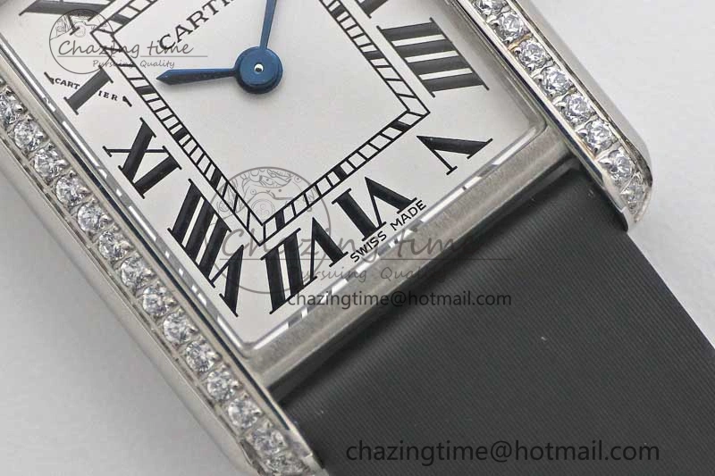 ComfortFit Tank Must Small SS K11F 1:1 Best Edition White Dial Diamonds Bezel on Satin Leather Strap Ronda Quartz 6065