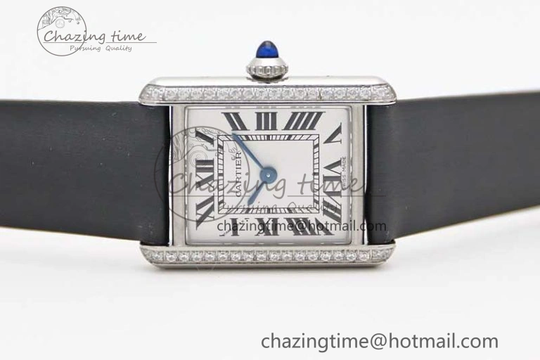 ComfortFit Tank Must Small SS K11F 1:1 Best Edition White Dial Diamonds Bezel on Satin Leather Strap Ronda Quartz 6065