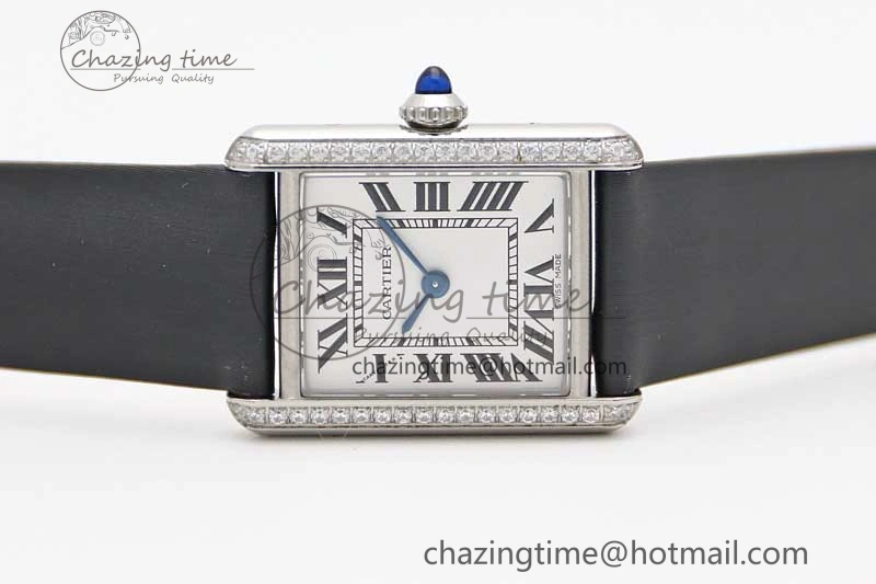 ComfortFit Tank Must Small SS K11F 1:1 Best Edition White Dial Diamonds Bezel on Satin Leather Strap Ronda Quartz 6065