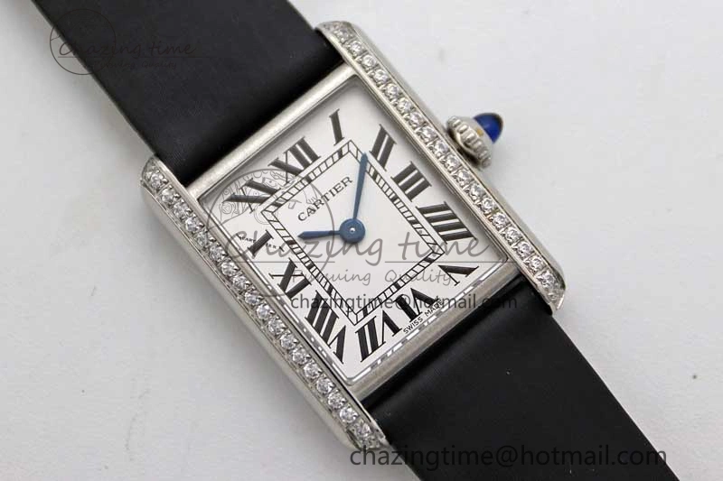 ComfortFit Tank Must Small SS K11F 1:1 Best Edition White Dial Diamonds Bezel on Satin Leather Strap Ronda Quartz 6065